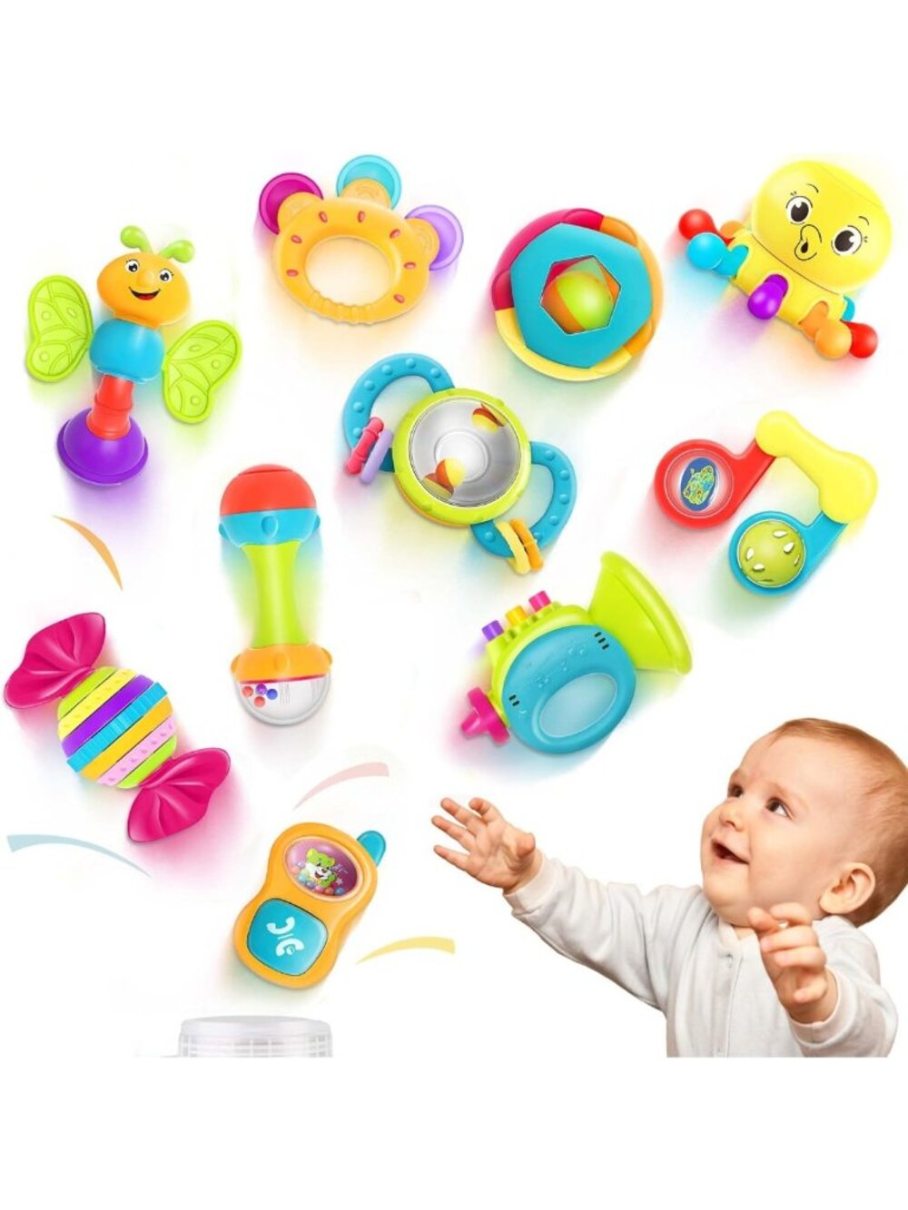 10pcs Baby Rattle Toy Set - Sensory Teether, Easy Hold, Infant Music Gift 0-12M